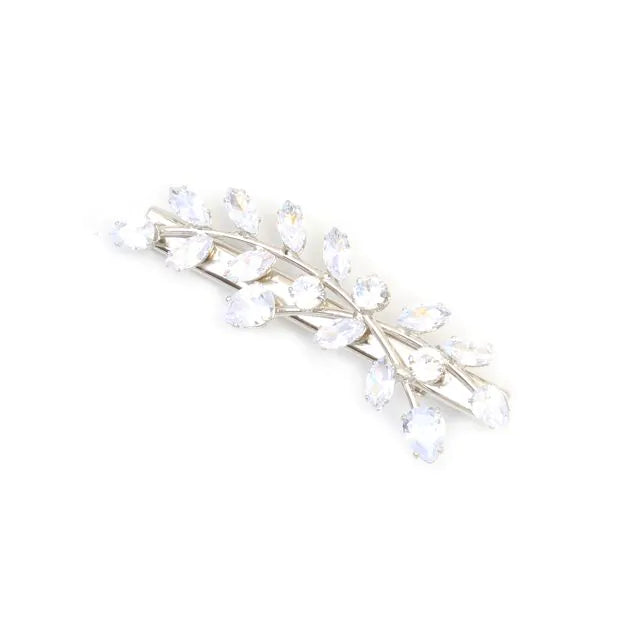Silver Coloured Metal Hair Clip - Leaf Style Crystal Beak