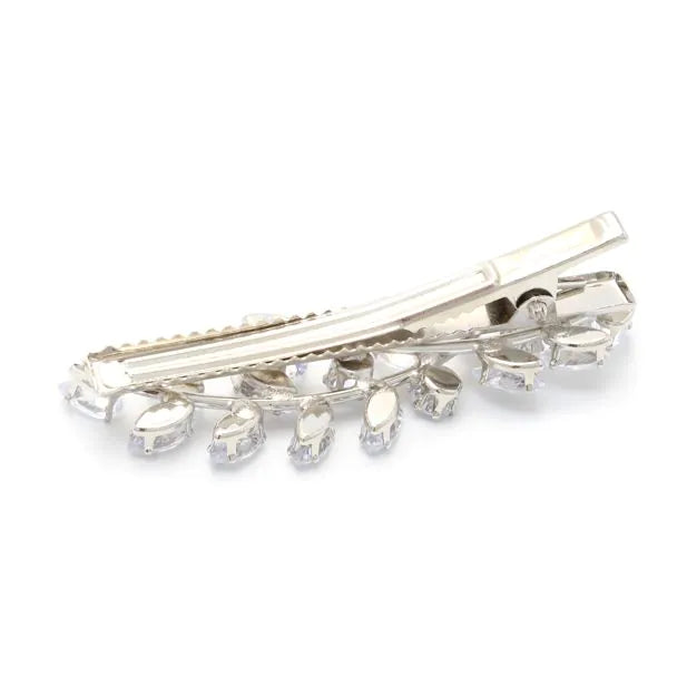 Silver Coloured Metal Hair Clip - Leaf Style Crystal Beak