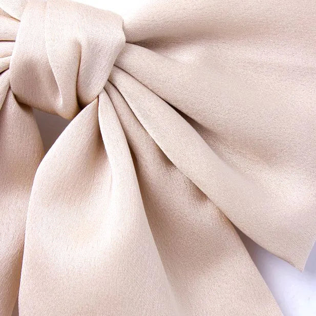 Satin Nude Bow Barrette Hair Clip With Tails - 10 cm