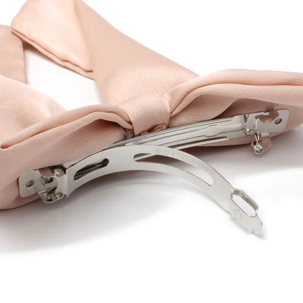 Satin Nude Bow Barrette Hair Clip With Tails - 10 cm