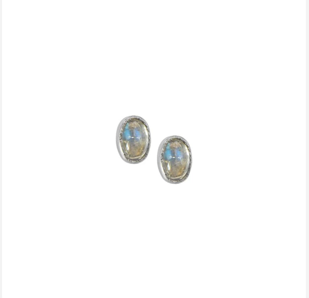 Rainbow Moonstone Cabochon Stud Earrings - Oval 3 mm x 5 mm