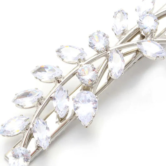 Silver Coloured Metal Hair Clip - Leaf Style Crystal Beak