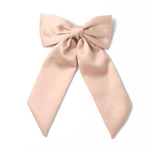 Satin Nude Bow Barrette Hair Clip With Tails - 10 cm