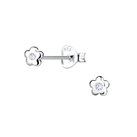 Flower Stud Earrings With Cubic Zirconia Stone - Sterling Silver