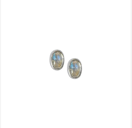 Rainbow Moonstone Cabochon Stud Earrings - Oval 3 mm x 5 mm