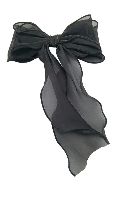 Chiffon Black Double Bow Barrette Hair Clip With Tails - 8 cm