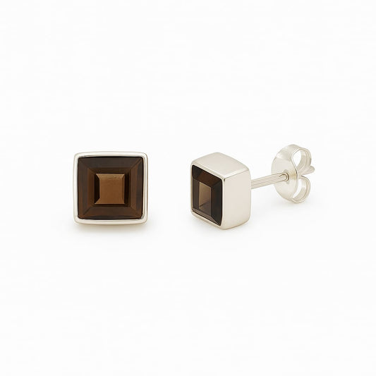 Smokey Quartz Faceted Stud Earrings - Square 5 mm